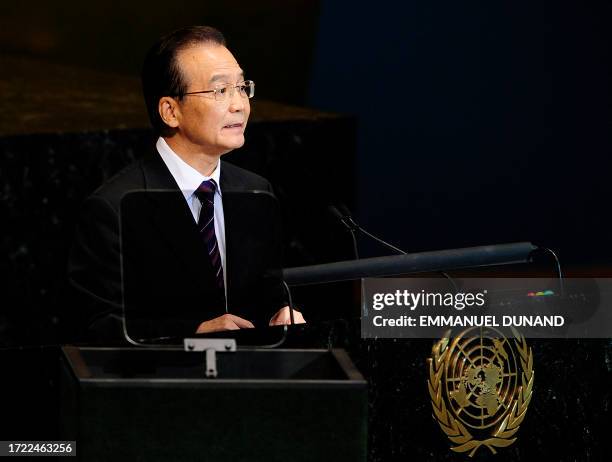 China's Prime Wen Jiabao addresses the 65th General Assembly at the United Nations headquarters in New York, September 23, 2010. AFP PHOTO/Emmanuel...