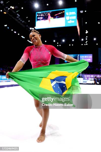 Gold medalist Rebeca Andrade of Team Brazil celebrates after winning the Women's Vault Final on Day Eight of the 2023 Artistic Gymnastics World...