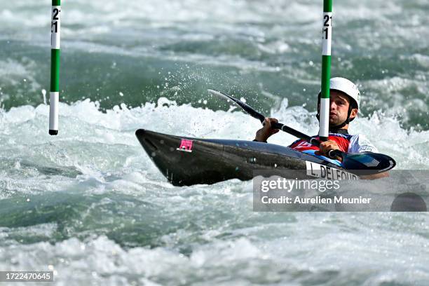 Lucien Delfour of Australia competes in the Men's Kayak Single final during the 2023 ICF Canoe Slalom World Cup slalom at Vaires-Sur-Marne Nautical...