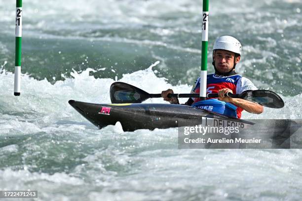 Lucien Delfour of Australia competes in the Men's Kayak Single final during the 2023 ICF Canoe Slalom World Cup slalom at Vaires-Sur-Marne Nautical...
