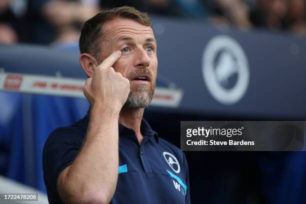 Millwall manager Gary Rowett looks on prior to the Sky Bet Championship match between Millwall and Hull City at The Den on October 07, 2023 in...