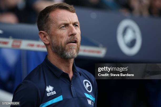 Millwall manager Gary Rowett looks on prior to the Sky Bet Championship match between Millwall and Hull City at The Den on October 07, 2023 in...