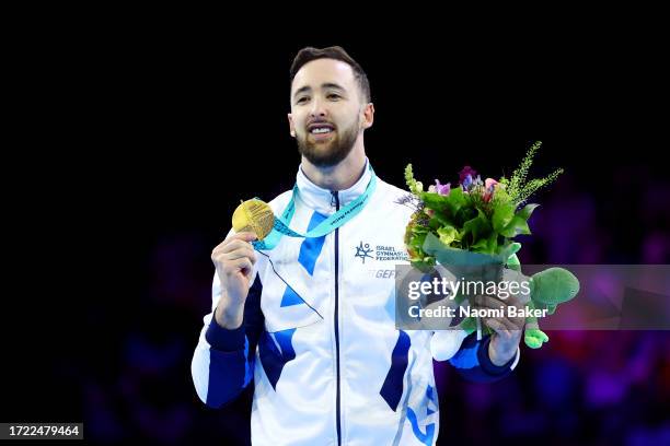 Gold medalist Artem Dolgopyat of Team Israel poses for a photo during the medal ceremony for the Men's Floor Exercise Final on Day Eight of the 2023...