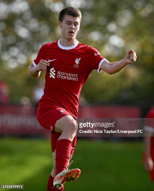 Joe Bradshaw of Liverpool celebrates scoring Liverpool's fifth goal during the U18 Premier League match at AXA Training Centre on October 07, 2023 in...