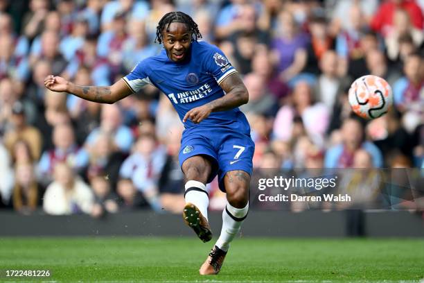 Raheem Sterling of Chelsea shoots during the Premier League match between Burnley FC and Chelsea FC at Turf Moor on October 07, 2023 in Burnley,...