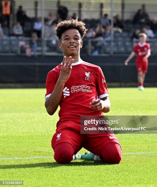 Trent Kone-Doherty of Liverpool celebrates scoring Liverpool's fourth goal and completing his hat-trick during the U18 Premier League match at AXA...