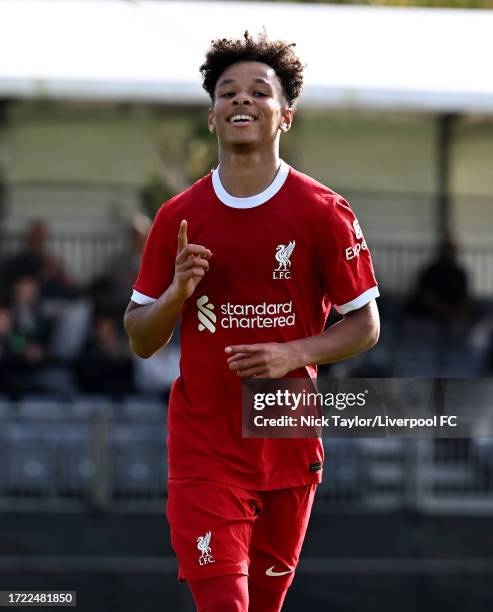 Trent Kone-Doherty of Liverpool celebrates scoring Liverpool's fourth goal and completing his hat-trick during the U18 Premier League match at AXA...