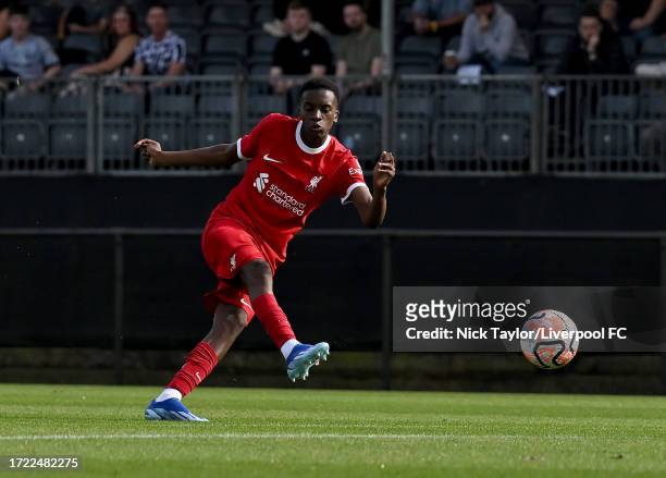 Trey Nyoni of Liverpool scores Liverpool's first goal during the U18 Premier League match at AXA Training Centre on October 07, 2023 in Kirkby,...