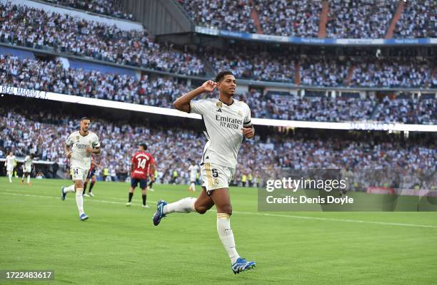 Jude Bellingham of Real Madrid celebrates after scoring their team's first goal during the LaLiga EA Sports match between Real Madrid CF and CA...