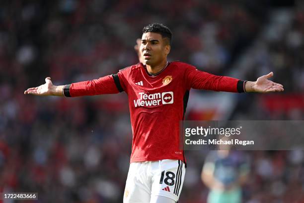 Casemiro of Manchester United reacts during the Premier League match between Manchester United and Brentford FC at Old Trafford on October 07, 2023...