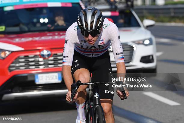 Tadej Pogacar of Slovenia and UAE Team Emirates attacks in the breakaway during the 117th Il Lombardia 2023 a 238km one day race from Como to Bergamo...