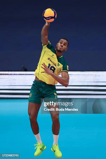 Lucarelli of Brazil in action during the men's Olympic qualifying tournament 2023 volleyball match between Brazil and Iran at Maracanazinho on...