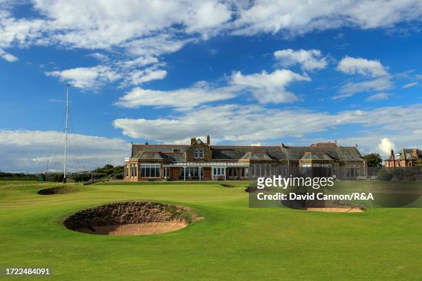 General view of the par 4, eighteenth hole and clubhouse at Royal Troon on August 14, 2023 in Troon, Scotland.