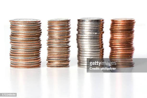 stacks of coins of american currency - five cent coin 個照片及圖片檔