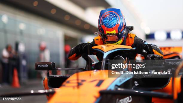 Sprint Shootout fastest qualifier Oscar Piastri of Australia and McLaren looks on in parc ferme during the Sprint Shootout ahead of the F1 Grand Prix...