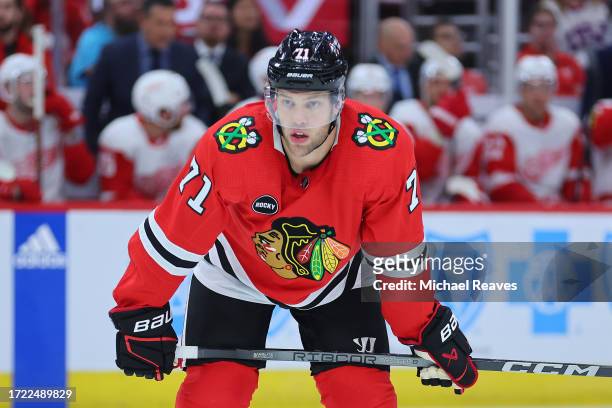 Taylor Hall of the Chicago Blackhawks looks on against the Detroit Red Wings during the third period of preseason game at the United Center on...