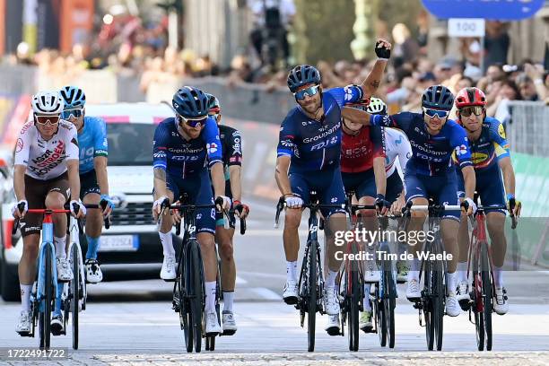 Thibaut Pinot of France and Team Groupama-FDJ crosses the finish line with his teammates on the day of his retirement as a professional cyclist...