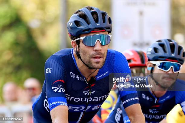Thibaut Pinot of France and Team Groupama-FDJ crosses the finish line with his teammates on the day of his retirement as a professional cyclist...