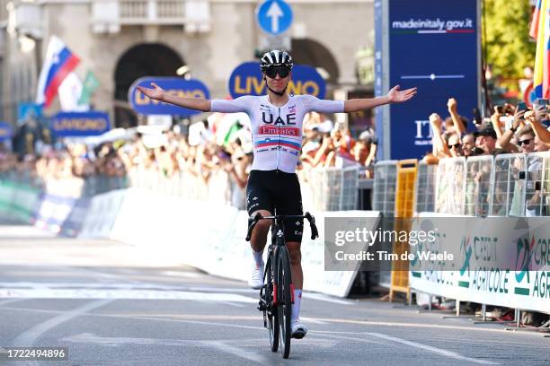 Tadej Pogacar of Slovenia and UAE Team Emirates celebrates at finish line as race winner during the 117th Il Lombardia 2023 a 238km one day race from...