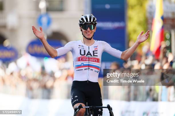 Tadej Pogacar of Slovenia and UAE Team Emirates celebrates at finish line as race winner during the 117th Il Lombardia 2023 a 238km one day race from...