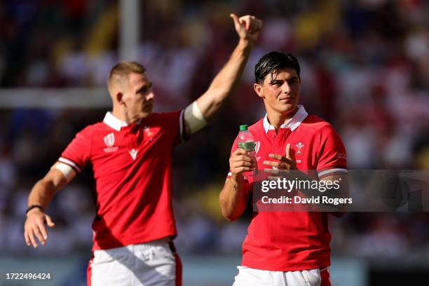 Liam Williams and Louis Rees-Zammit of Wales show their appreciation to the crowd at full-time following the Rugby World Cup France 2023 match...