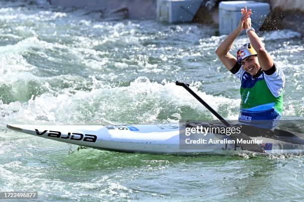 Jessica Fox of Australia reacts after winning the Women's Canoe Single during the 2023 ICF Canoe Slalom World Cup slalom at Vaires-Sur-Marne Nautical...