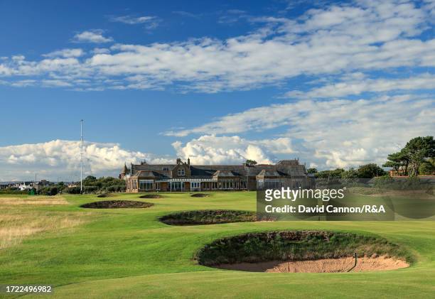 General view of the par 4, eighteenth hole and clubhouse at Royal Troon on August 16, 2023 in Troon, Scotland.