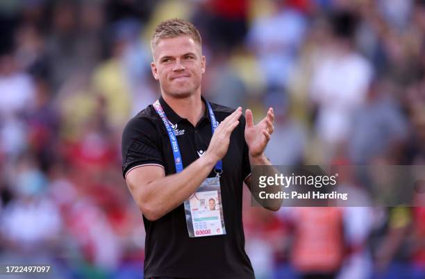 Gareth Anscombe of Wales celebrates after the Rugby World Cup France 2023 match between Wales and Georgia at Stade de la Beaujoire on October 07,...