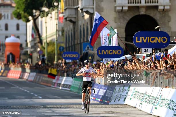 Tadej Pogacar of Slovenia and UAE Team Emirates celebrates at finish line as race winner during the 117th Il Lombardia 2023 a 238km one day race from...