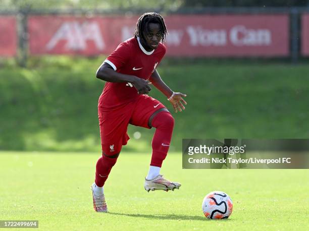 Francis Gyimah of Liverpool in action during the U18 Premier League match at AXA Training Centre on October 07, 2023 in Kirkby, England.
