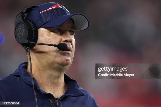 New England Patriots offensive coordinator Bill O'Brien looks on during the game against the Miami Dolphins at Gillette Stadium on September 17, 2023...