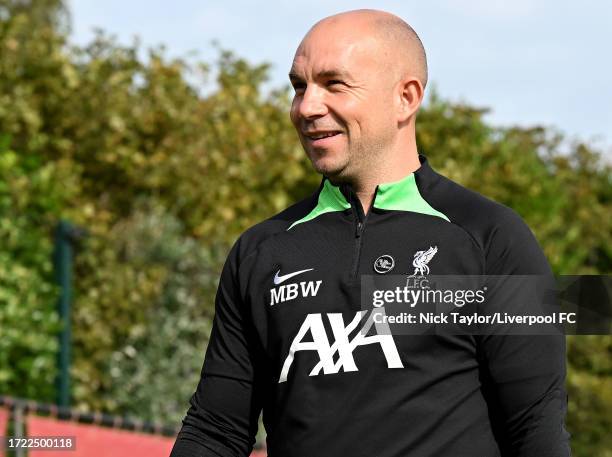 Manager Marc Bridge-Wilkinson of Liverpool during the U18 Premier League match at AXA Training Centre on October 07, 2023 in Kirkby, England.