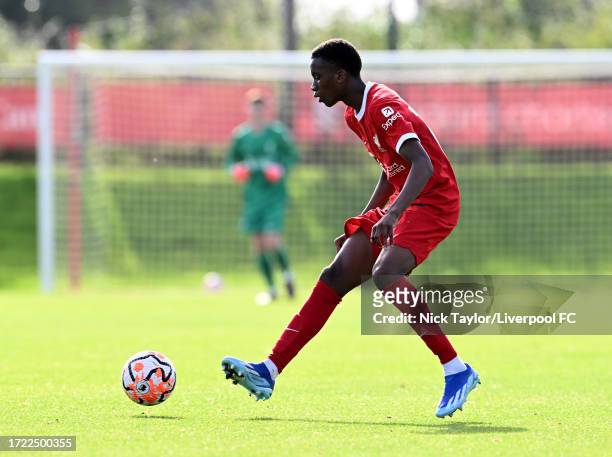 Trey Nyoni of Liverpool in action during the U18 Premier League match at AXA Training Centre on October 07, 2023 in Kirkby, England.