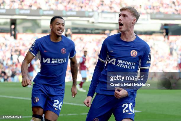 Cole Palmer of Chelsea celebrates after scoring their sides second goal from the penalty spot during the Premier League match between Burnley FC and...