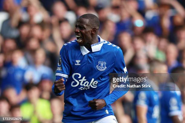 Abdoulaye Doucoure of Everton celebrates after scoring the team's third goal during the Premier League match between Everton FC and AFC Bournemouth...