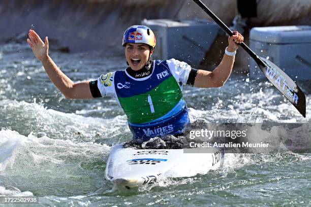 Jessica Fox of Australia reacts after winning the Women's Canoe Single during the 2023 ICF Canoe Slalom World Cup slalom at Vaires-Sur-Marne Nautical...