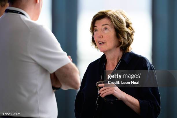 Labour Party Chief of Staff Sue Gray speaks with colleagues during the National Annual Women's Conference on October 07, 2023 in Liverpool, England....