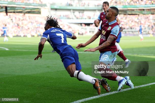 Raheem Sterling of Chelsea is fouled by Vitinho of Burnley leading to a penalty decision during the Premier League match between Burnley FC and...