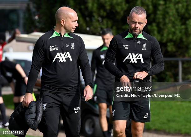 Manager Marc Bridge-Wilkinson and coach Jay Spearing of Liverpool during the U18 Premier League match at AXA Training Centre on October 07, 2023 in...