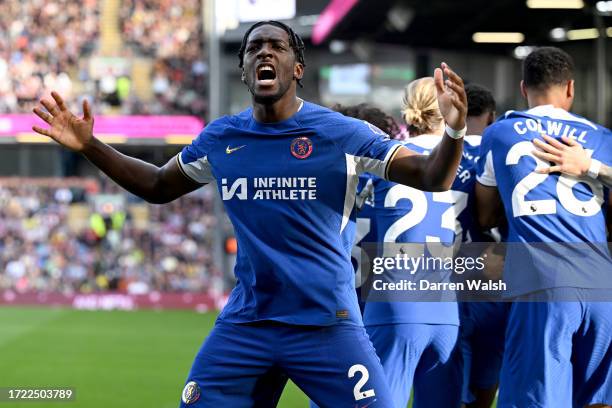 Axel Disasi of Chelsea celebrates after Cole Palmer of Chelsea scores their sides second goal from the penalty spot during the Premier League match...