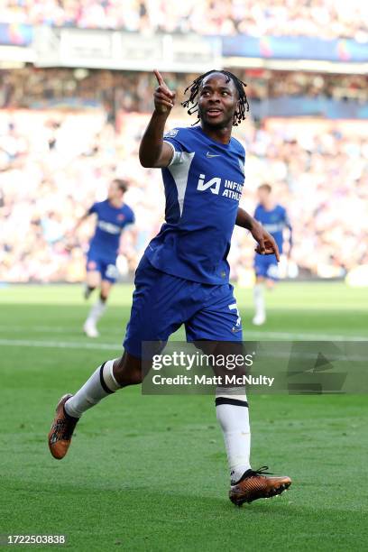 Raheem Sterling of Chelsea celebrates after scoring their sides third goal during the Premier League match between Burnley FC and Chelsea FC at Turf...