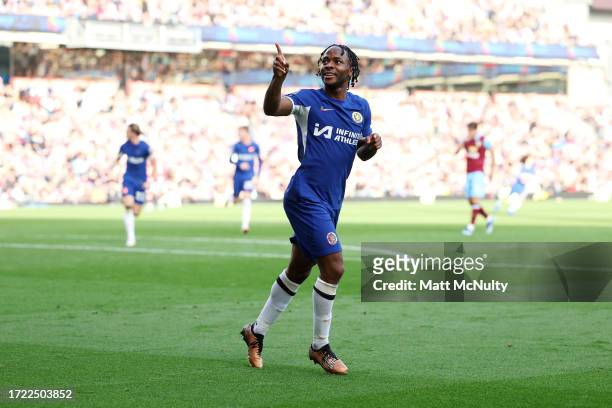 Raheem Sterling of Chelsea celebrates after scoring their sides third goal during the Premier League match between Burnley FC and Chelsea FC at Turf...