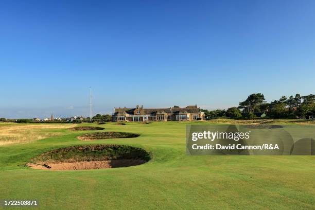 General view of the par 4, eighteenth hole and clubhouse at Royal Troon on August 17, 2023 in Troon, Scotland.