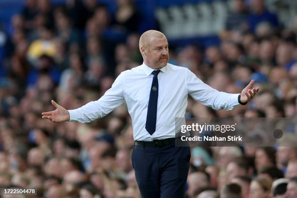 Sean Dyche, Manager of Everton, reacts during the Premier League match between Everton FC and AFC Bournemouth at Goodison Park on October 07, 2023 in...