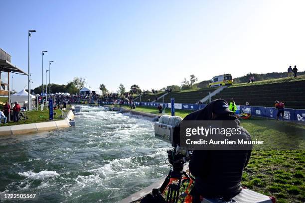 General view during the Men's Kayak Single final during the 2023 ICF Canoe Slalom World Cup slalom at Vaires-Sur-Marne Nautical Stadium at...