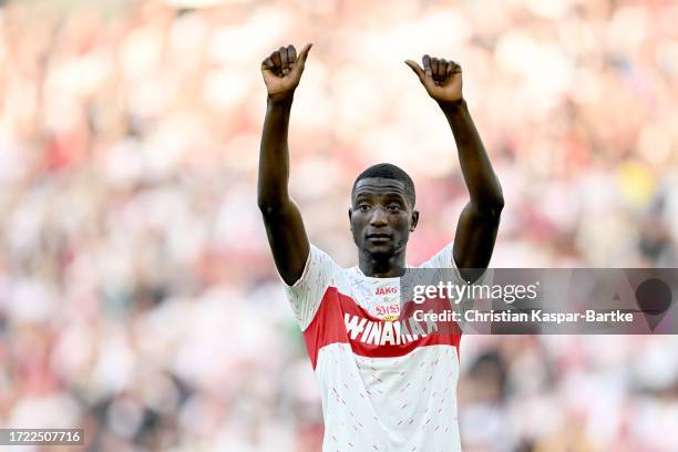 Sehrou Guirassy of VfB Stuttgart acknowledges the fans following the team's victory during the Bundesliga match between VfB Stuttgart and VfL...