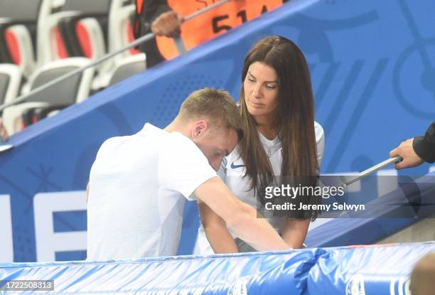 Rebekah Vardy Attempts To Comfort Husband Jamie Vardy After England'S Defeat To Iceland At The Uefa Euro 2016 In Nice, France On 27 June 2016....