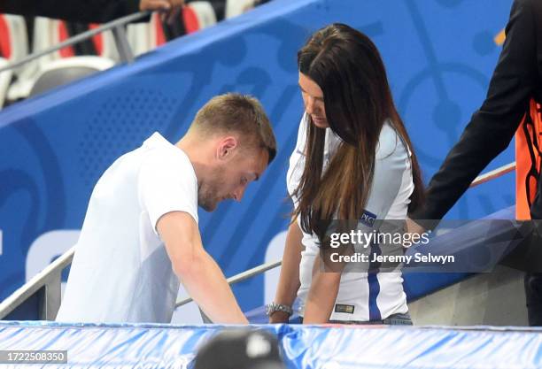 Rebekah Vardy Attempts To Comfort Husband Jamie Vardy After England'S Defeat To Iceland During Uefa Euro 2016 In Nice, France On 27 June 2016....