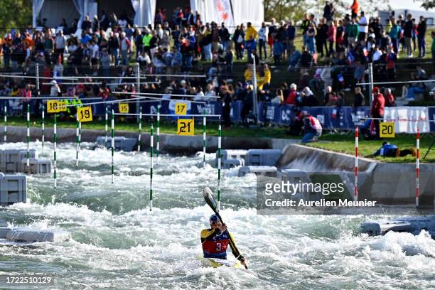 Peter Kauzer of Slovakia competes in the Men's Kayak Single during the 2023 ICF Canoe Slalom World Cup slalom at Vaires-Sur-Marne Nautical Stadium at...