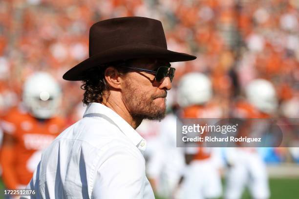 Matthew McConaughey is seen on the sidelines before the game between Texas and Oklahoma at the Cotton Bowl on October 07, 2023 in Dallas, Texas.